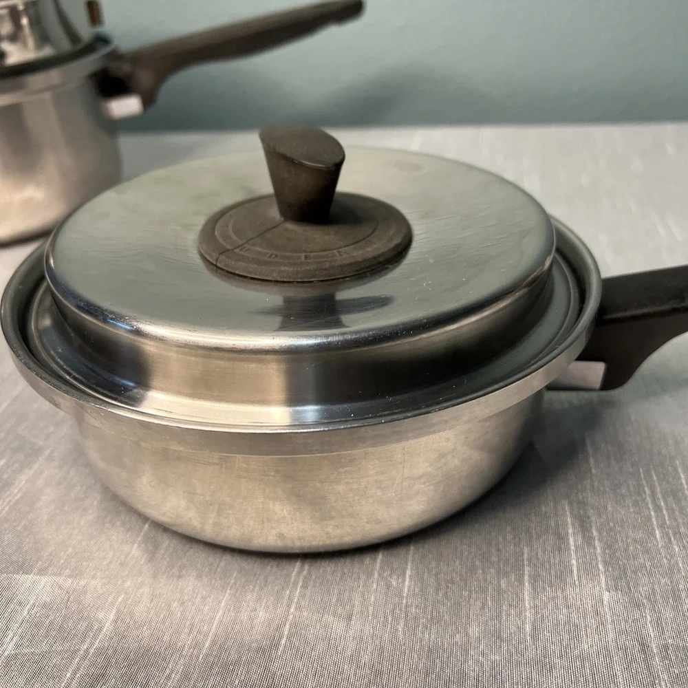 7pc Prudential Ware Tri-Clad Stainless Pans Skillet Double Boiler / Steamer Lids